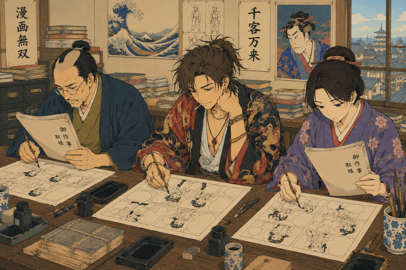 完成したシナリオをもとに漫画を描く漫画家