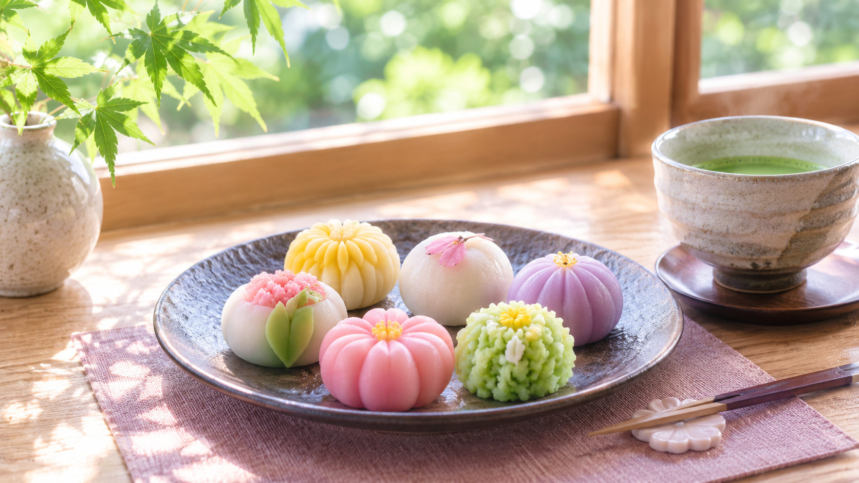 窓際の木のテーブルに並ぶ季節の和菓子と抹茶